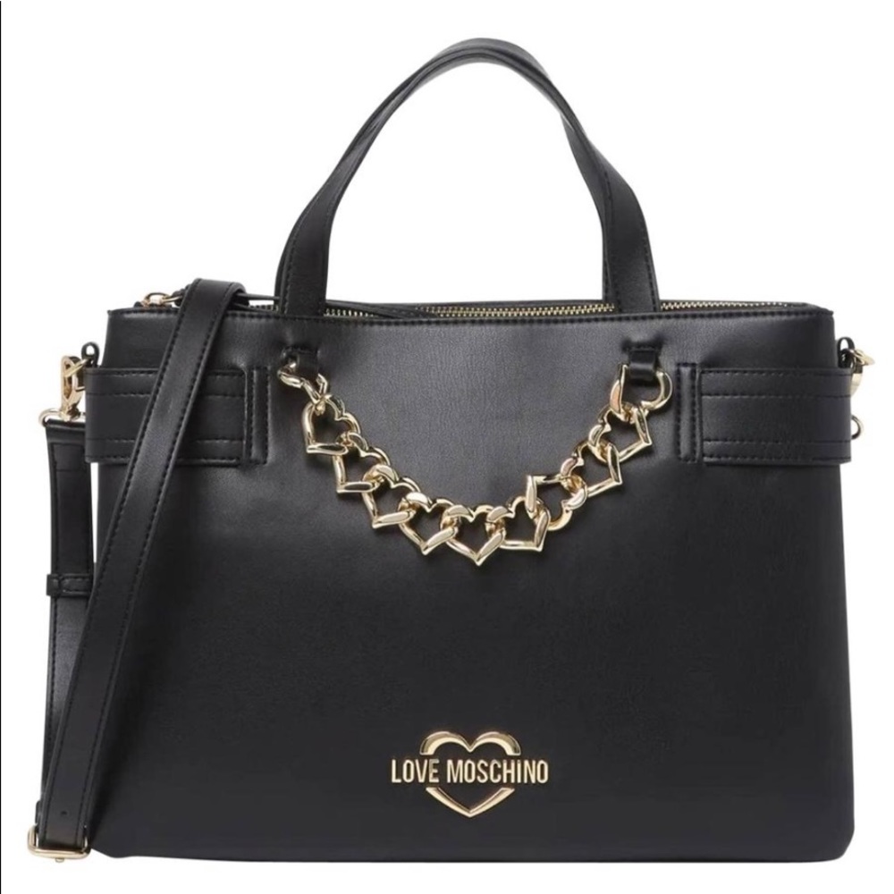 Black Love Moschino Signature Heart Chain Handbag